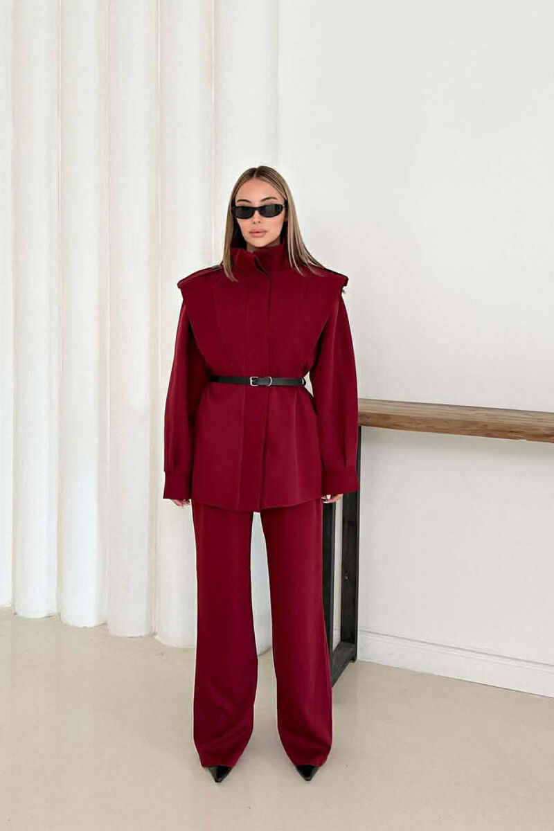 ONE COLOR BELT DETAIL HIDDEN BUTTON UP JACKET+ TROUSERS WOMEN SET BURGUNDY/VISHNJE - 5