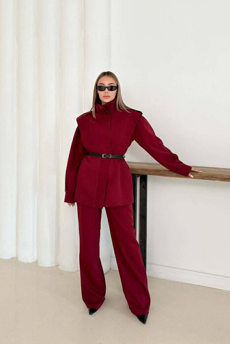 ONE COLOR BELT DETAIL HIDDEN BUTTON UP JACKET+ TROUSERS WOMEN SET BURGUNDY/VISHNJE - 6