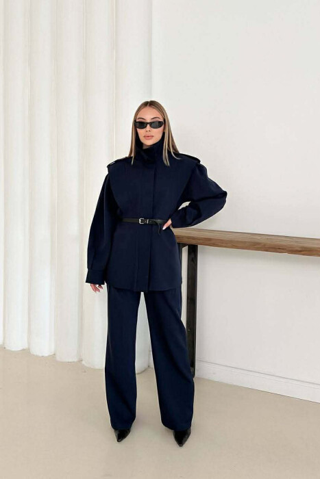 ONE COLOR BELT DETAIL HIDDEN BUTTON UP JACKET+ TROUSERS WOMEN SET DARK BLUE/BEE - 1