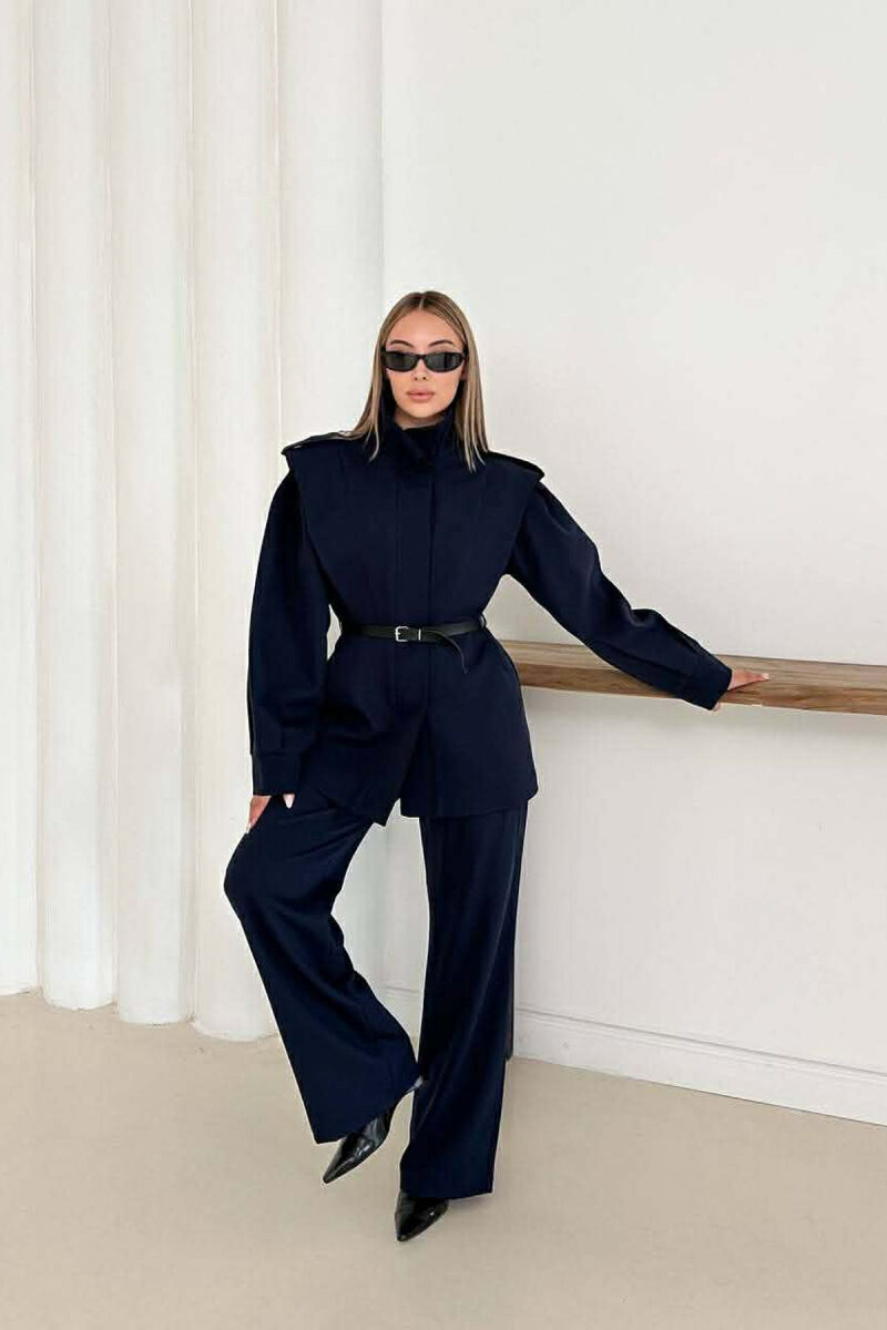 ONE COLOR BELT DETAIL HIDDEN BUTTON UP JACKET+ TROUSERS WOMEN SET DARK BLUE/BEE - 2