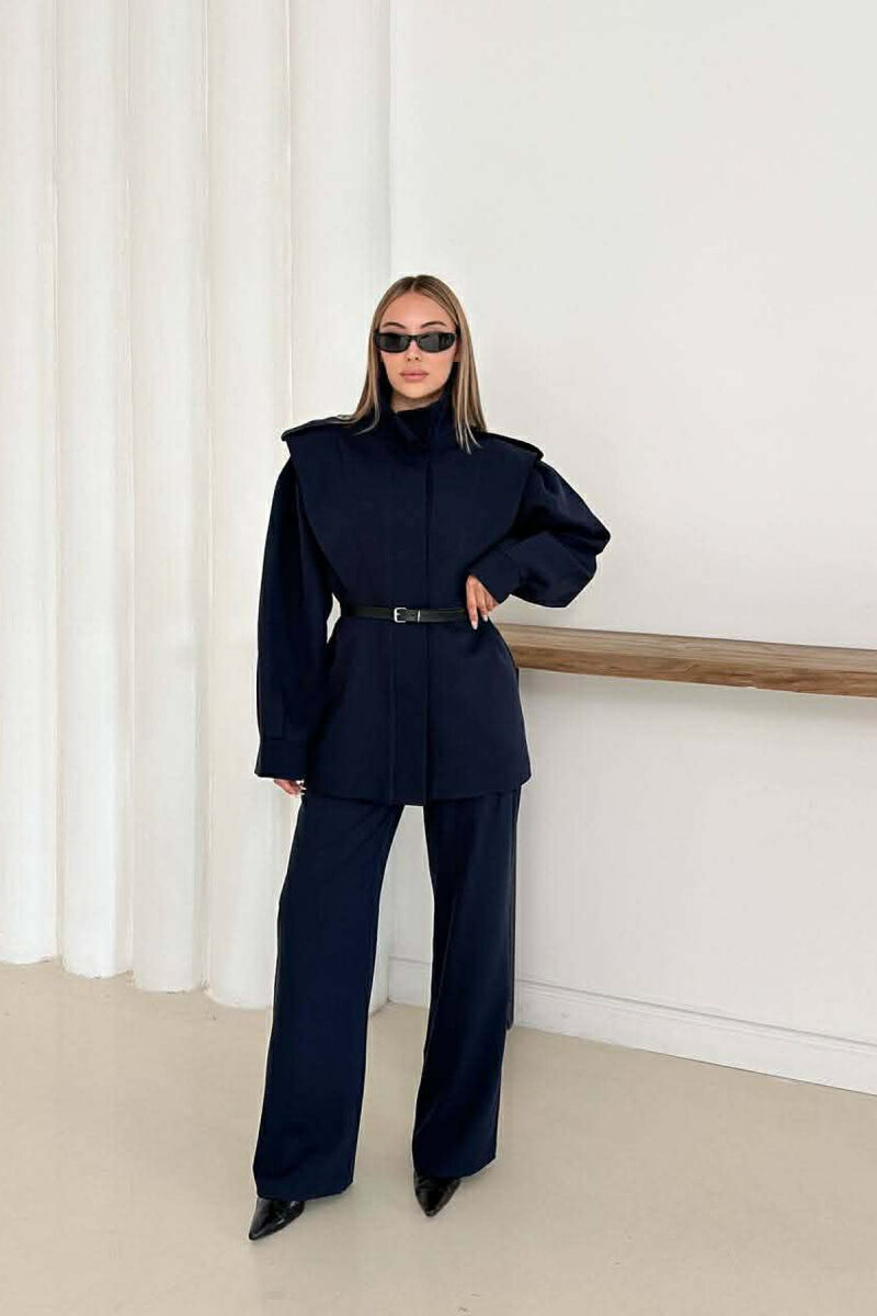 ONE COLOR BELT DETAIL HIDDEN BUTTON UP JACKET+ TROUSERS WOMEN SET DARK BLUE/BEE - 3
