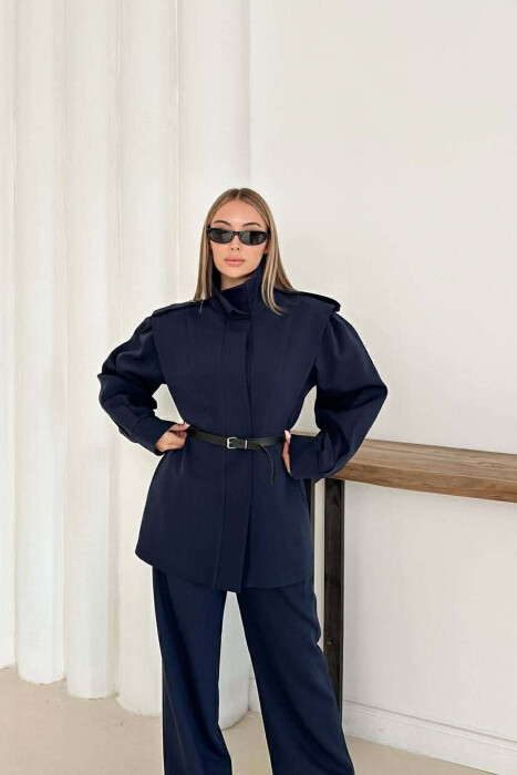 ONE COLOR BELT DETAIL HIDDEN BUTTON UP JACKET+ TROUSERS WOMEN SET DARK BLUE/BEE - 4