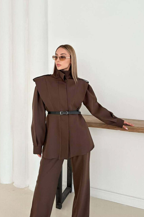 ONE COLOR BELT DETAIL HIDDEN BUTTON UP JACKET+ TROUSERS WOMEN SET DARK BROWN/KAE - 6