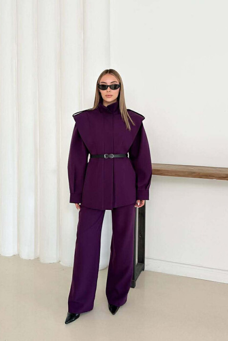 ONE COLOR BELT DETAIL HIDDEN BUTTON UP JACKET+ TROUSERS WOMEN SET DARK PURPLE/LEJLA ERRET - 