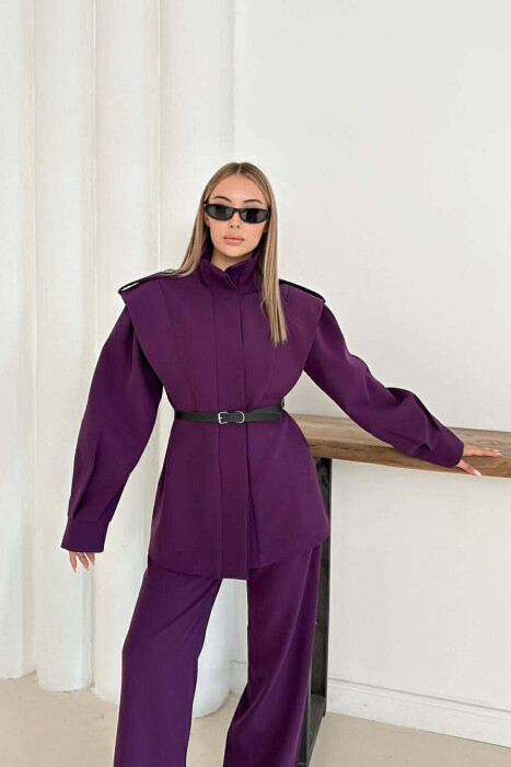 ONE COLOR BELT DETAIL HIDDEN BUTTON UP JACKET+ TROUSERS WOMEN SET DARK PURPLE/LEJLA ERRET - 2
