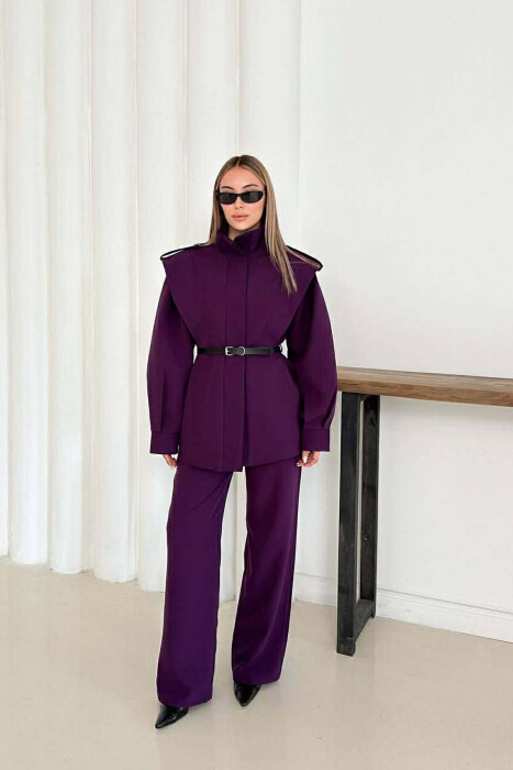 ONE COLOR BELT DETAIL HIDDEN BUTTON UP JACKET+ TROUSERS WOMEN SET DARK PURPLE/LEJLA ERRET - 4