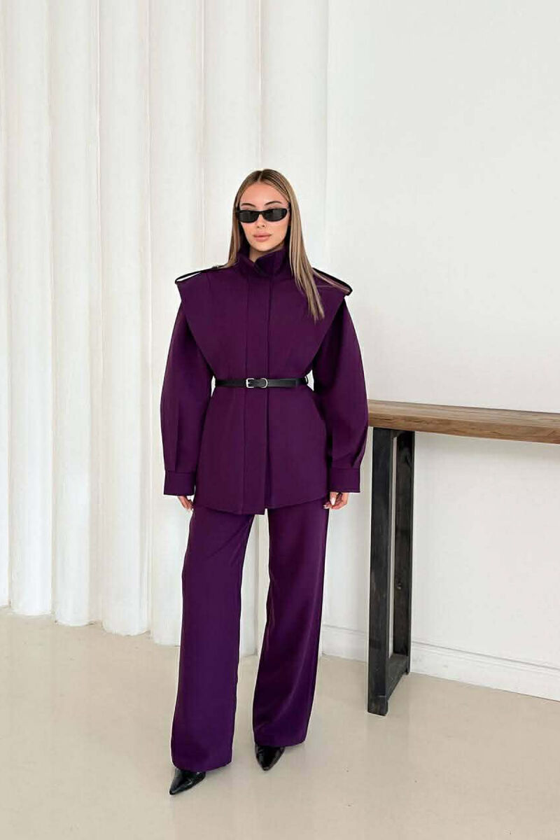 ONE COLOR BELT DETAIL HIDDEN BUTTON UP JACKET+ TROUSERS WOMEN SET DARK PURPLE/LEJLA ERRET - 4