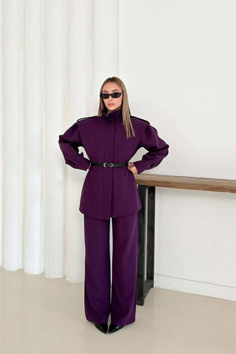 ONE COLOR BELT DETAIL HIDDEN BUTTON UP JACKET+ TROUSERS WOMEN SET DARK PURPLE/LEJLA ERRET - 5