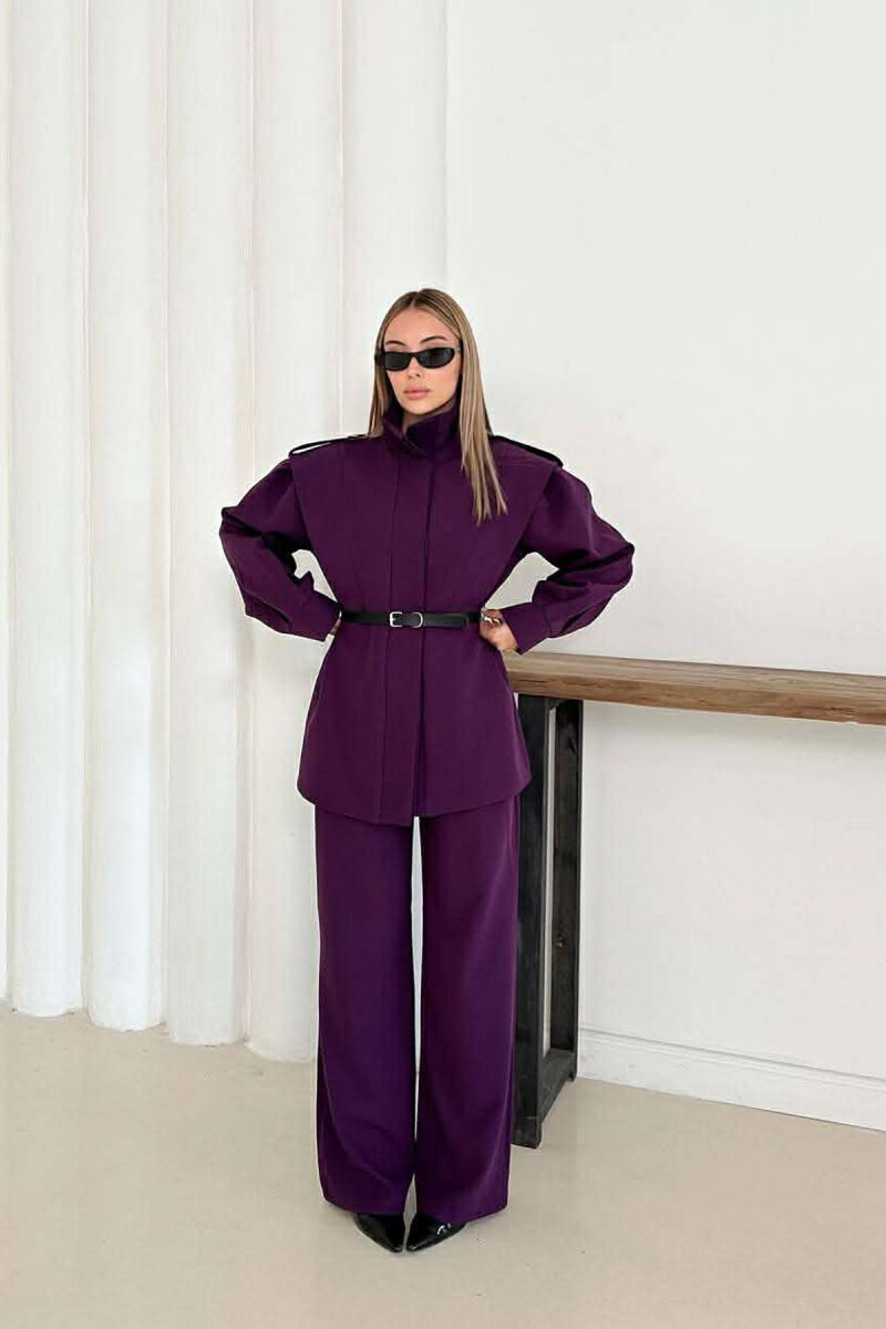 ONE COLOR BELT DETAIL HIDDEN BUTTON UP JACKET+ TROUSERS WOMEN SET DARK PURPLE/LEJLA ERRET - 5