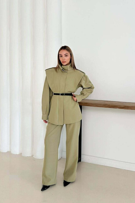 ONE COLOR BELT DETAIL HIDDEN BUTTON UP JACKET+ TROUSERS WOMEN SET OLIVE/ULLI - 6