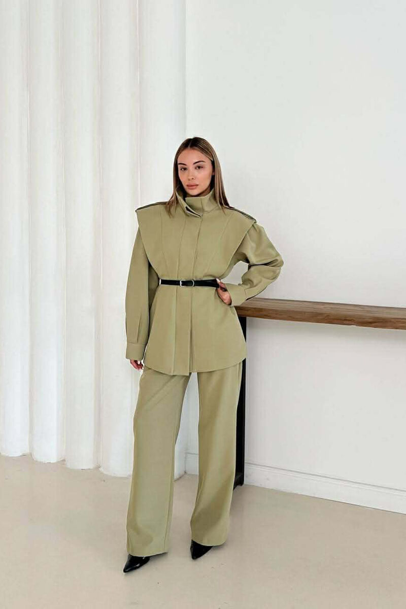 ONE COLOR BELT DETAIL HIDDEN BUTTON UP JACKET+ TROUSERS WOMEN SET OLIVE/ULLI - 6