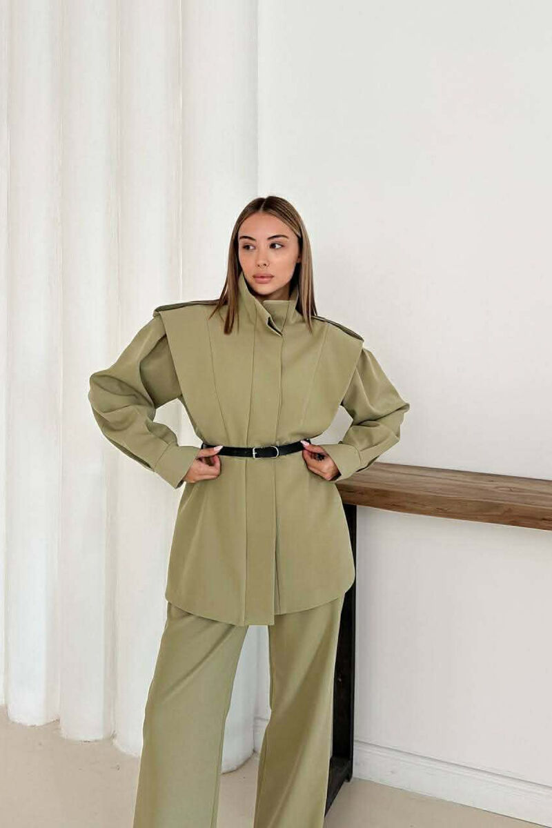 ONE COLOR BELT DETAIL HIDDEN BUTTON UP JACKET+ TROUSERS WOMEN SET OLIVE/ULLI - 8