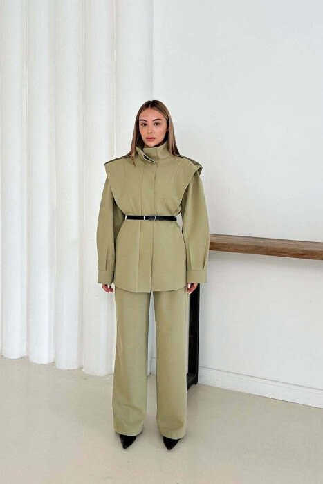 ONE COLOR BELT DETAIL HIDDEN BUTTON UP JACKET+ TROUSERS WOMEN SET OLIVE/ULLI - 9