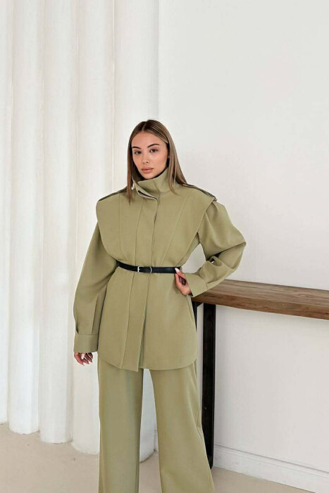 ONE COLOR BELT DETAIL HIDDEN BUTTON UP JACKET+ TROUSERS WOMEN SET OLIVE/ULLI - 11