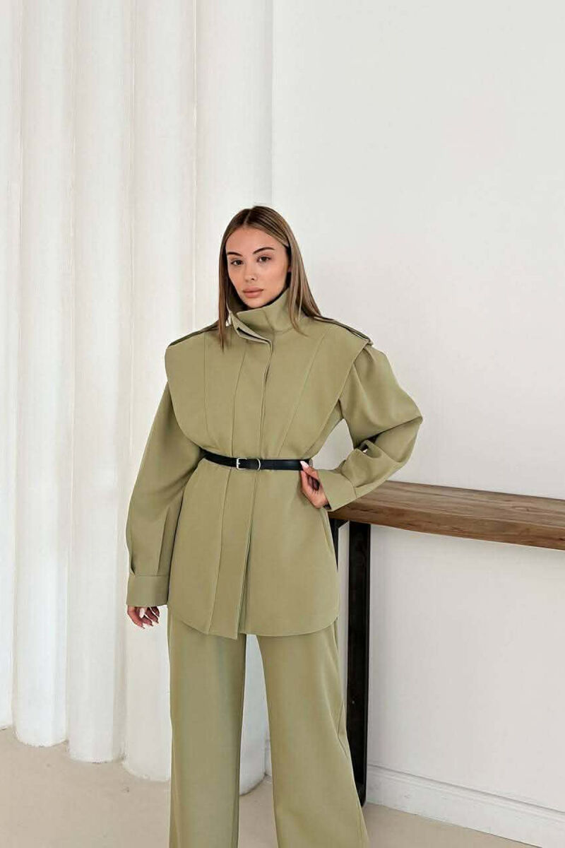 ONE COLOR BELT DETAIL HIDDEN BUTTON UP JACKET+ TROUSERS WOMEN SET OLIVE/ULLI - 11