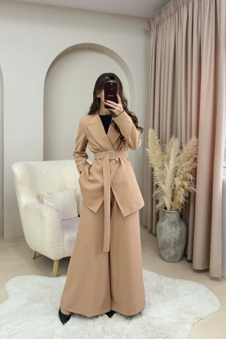 ONE COLOR BELT DETAIL JACKET+TROUSERS WOMEN SET BEIGE/BEZHE - 1