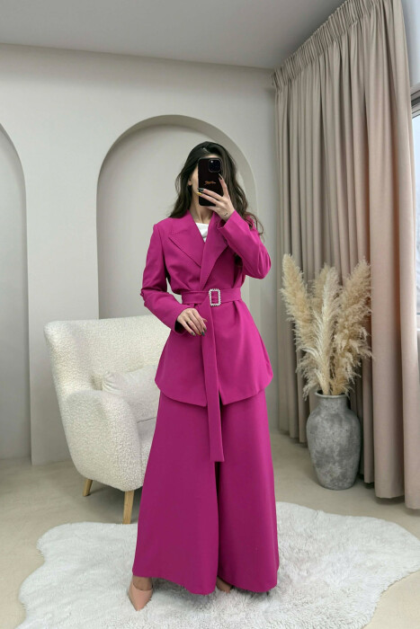 ONE COLOR BELT DETAIL JACKET+TROUSERS WOMEN SET FUCHSIA/CIKLAMI 
