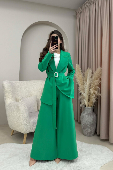 ONE COLOR BELT DETAIL JACKET+TROUSERS WOMEN SET GREEN/JESHILE 
