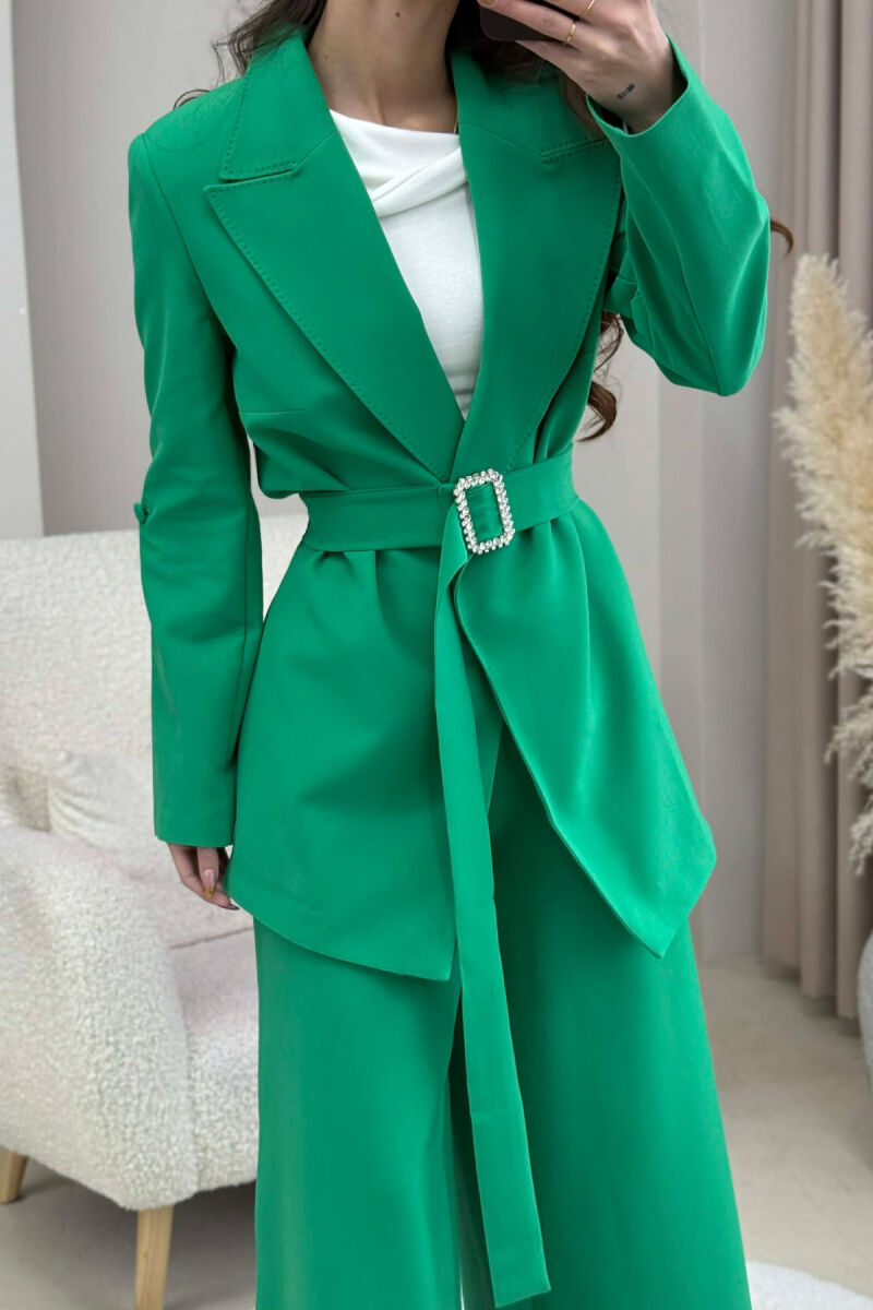 ONE COLOR BELT DETAIL JACKET+TROUSERS WOMEN SET GREEN/JESHILE - 4