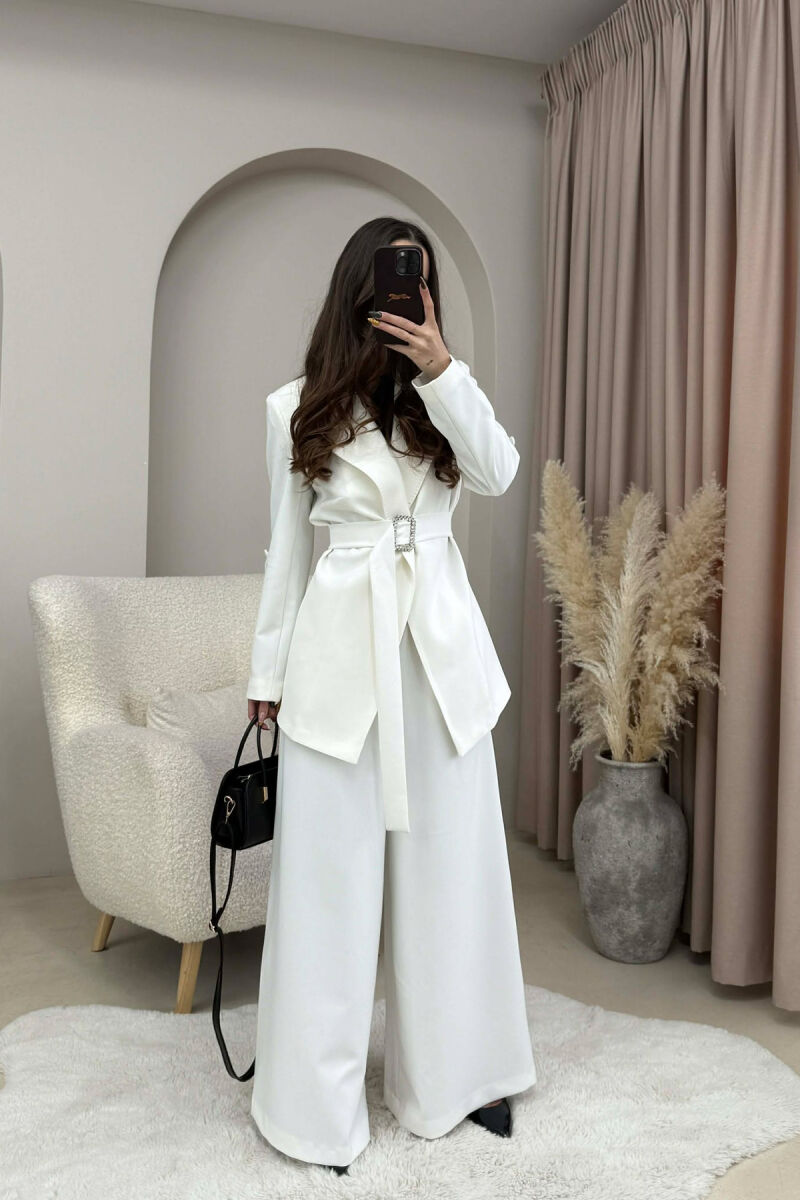 ONE COLOR BELT DETAIL JACKET+TROUSERS WOMEN SET WHITE-E BARDHE - 1