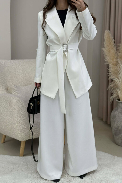 ONE COLOR BELT DETAIL JACKET+TROUSERS WOMEN SET WHITE-E BARDHE - 2