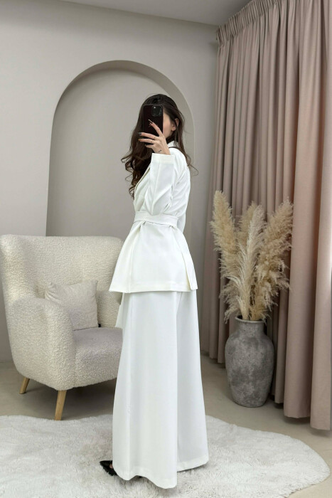 ONE COLOR BELT DETAIL JACKET+TROUSERS WOMEN SET WHITE-E BARDHE - 4