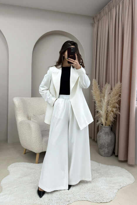 ONE COLOR BELT DETAIL JACKET+TROUSERS WOMEN SET WHITE-E BARDHE - 5