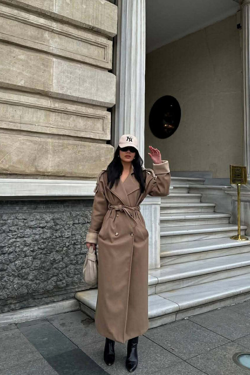 ONE COLOR BELT DETAIL LONG WOMEN COAT BEIGE/BEZHE - 1