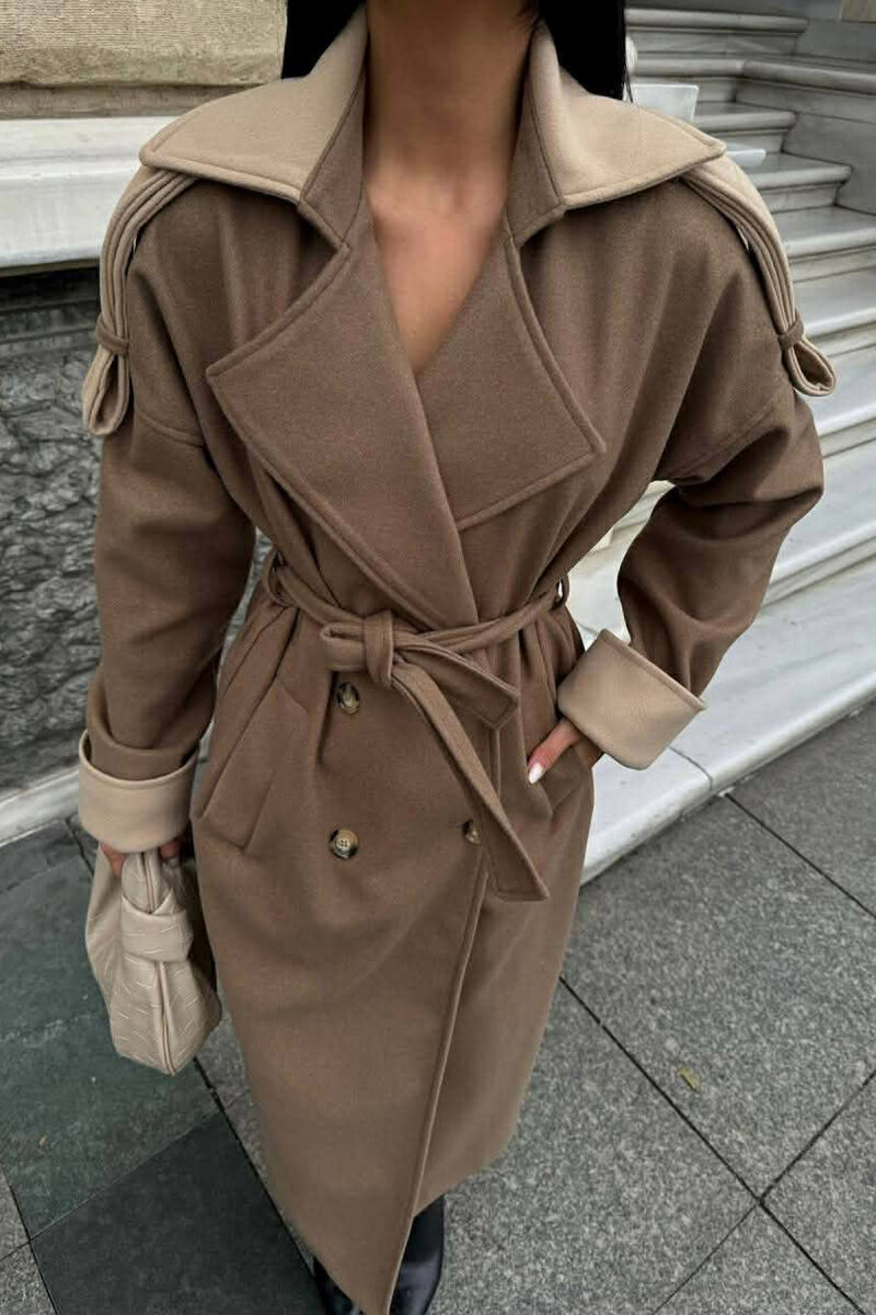 ONE COLOR BELT DETAIL LONG WOMEN COAT BEIGE/BEZHE - 2