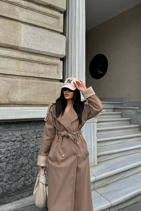ONE COLOR BELT DETAIL LONG WOMEN COAT BEIGE/BEZHE - 3