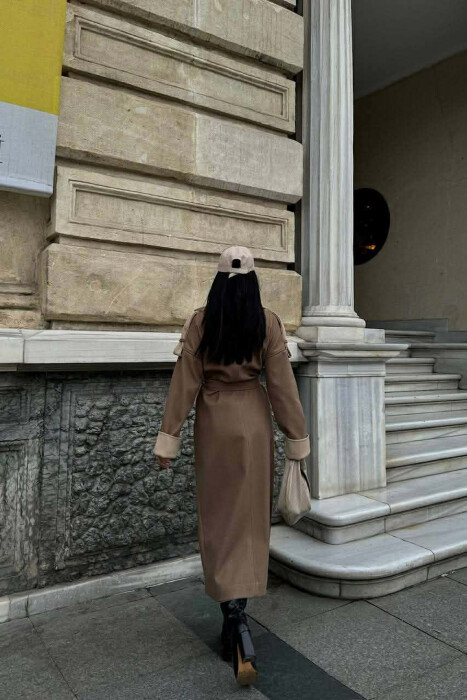 ONE COLOR BELT DETAIL LONG WOMEN COAT BEIGE/BEZHE - 4
