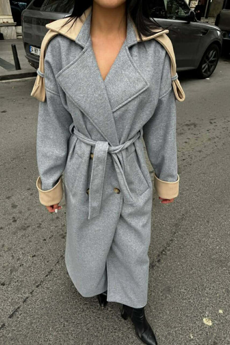 ONE COLOR BELT DETAIL LONG WOMEN COAT GREY/GRI - 2
