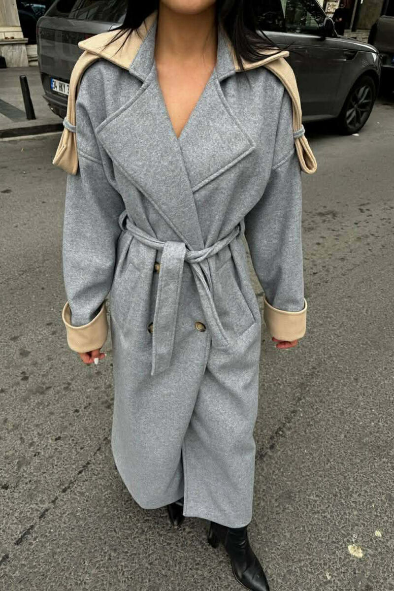 ONE COLOR BELT DETAIL LONG WOMEN COAT GREY/GRI - 2