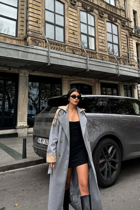 ONE COLOR BELT DETAIL LONG WOMEN COAT GREY/GRI - 3