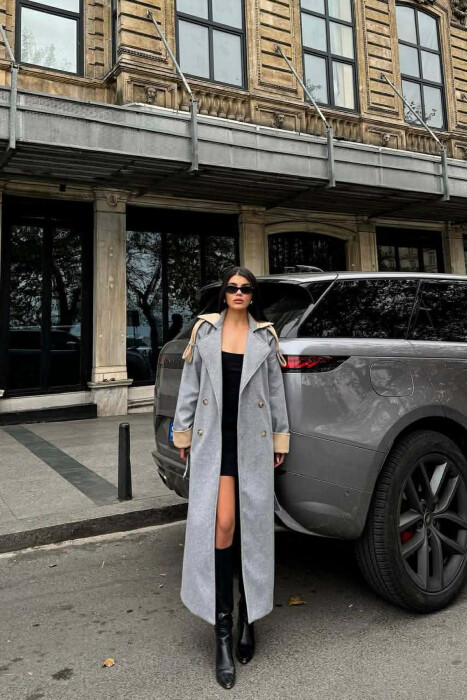 ONE COLOR BELT DETAIL LONG WOMEN COAT GREY/GRI - 4