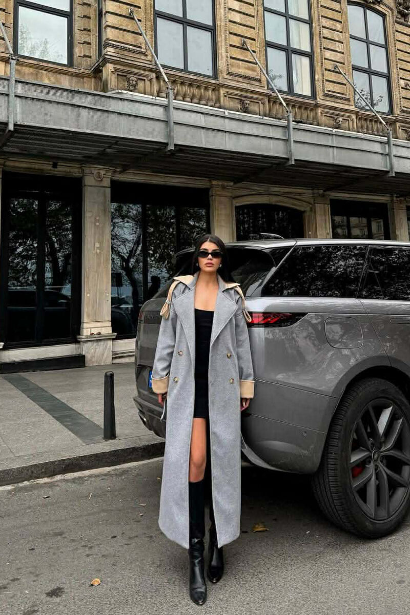 ONE COLOR BELT DETAIL LONG WOMEN COAT GREY/GRI - 4