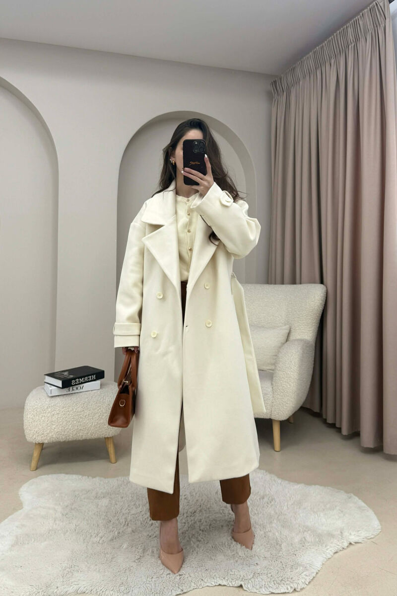 ONE COLOR BELT DETAIL LONG WOMEN TRENCH COAT ANTIQUEWHITE/ANTIKE - 2