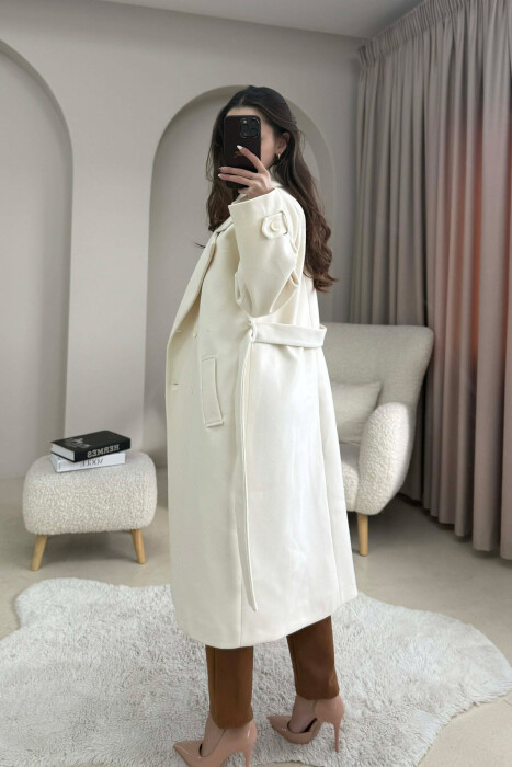 ONE COLOR BELT DETAIL LONG WOMEN TRENCH COAT ANTIQUEWHITE/ANTIKE - 4