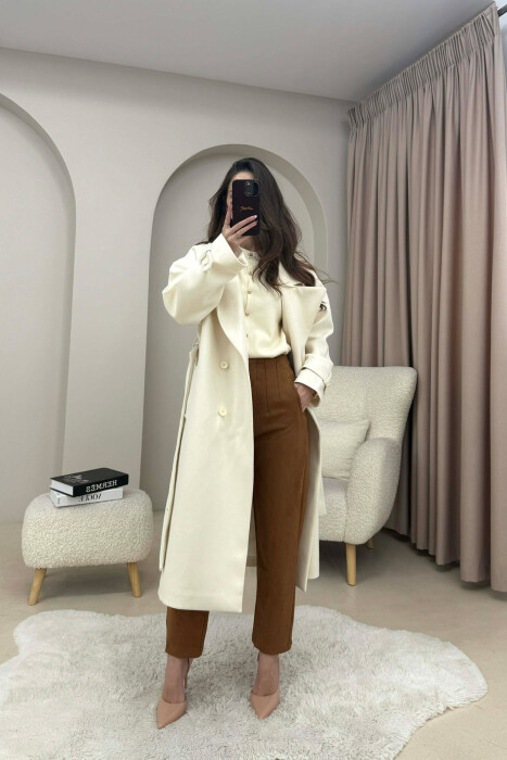 ONE COLOR BELT DETAIL LONG WOMEN TRENCH COAT ANTIQUEWHITE/ANTIKE - 3