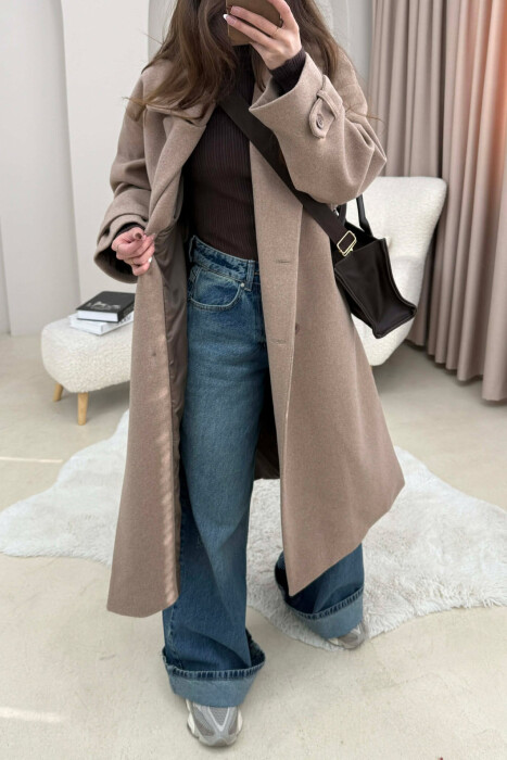 ONE COLOR BELT DETAIL LONG WOMEN TRENCH COAT BEIGE/BEZHE 