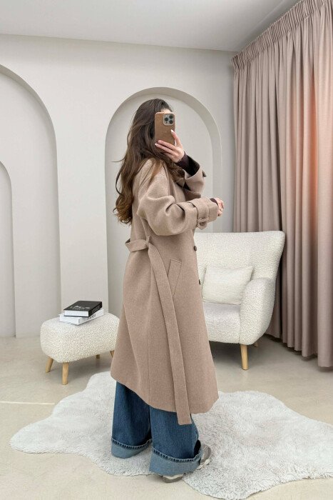 ONE COLOR BELT DETAIL LONG WOMEN TRENCH COAT BEIGE/BEZHE - 4