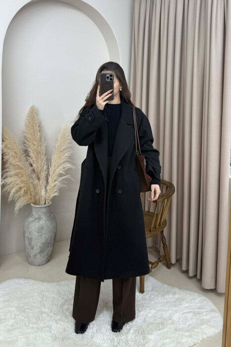 ONE COLOR BELT DETAIL LONG WOMEN TRENCH COAT BLACK/ E ZEZE - 1