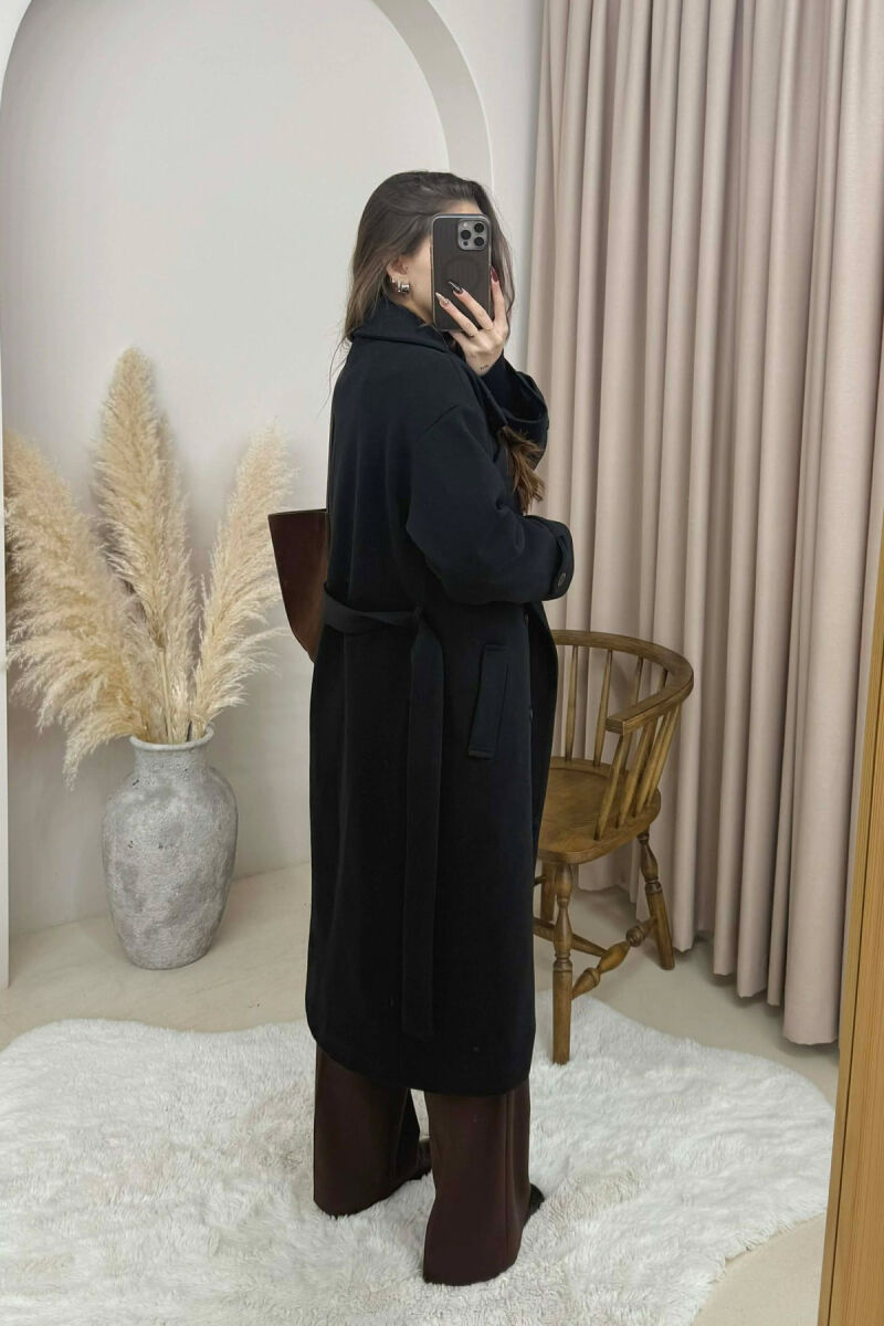 ONE COLOR BELT DETAIL LONG WOMEN TRENCH COAT BLACK/ E ZEZE - 2