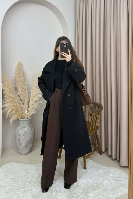 ONE COLOR BELT DETAIL LONG WOMEN TRENCH COAT BLACK/ E ZEZE - 5