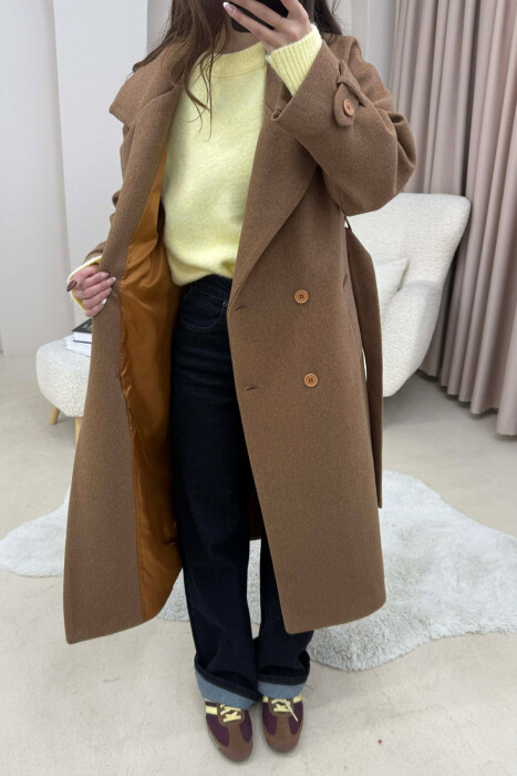 ONE COLOR BELT DETAIL LONG WOMEN TRENCH COAT BROWN/KAFE 