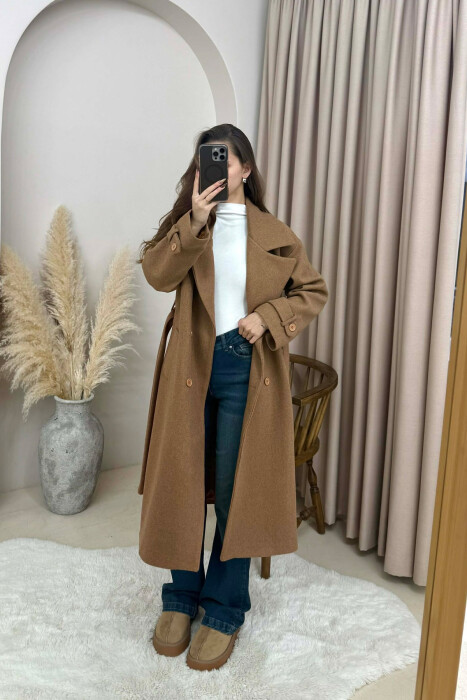 ONE COLOR BELT DETAIL LONG WOMEN TRENCH COAT BROWN/KAFE - 1