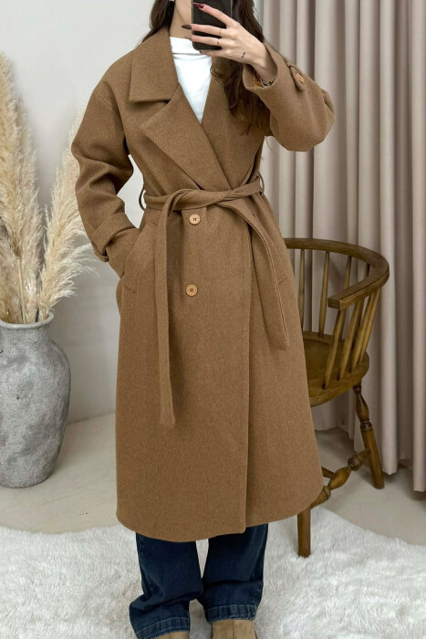 ONE COLOR BELT DETAIL LONG WOMEN TRENCH COAT BROWN/KAFE - 2