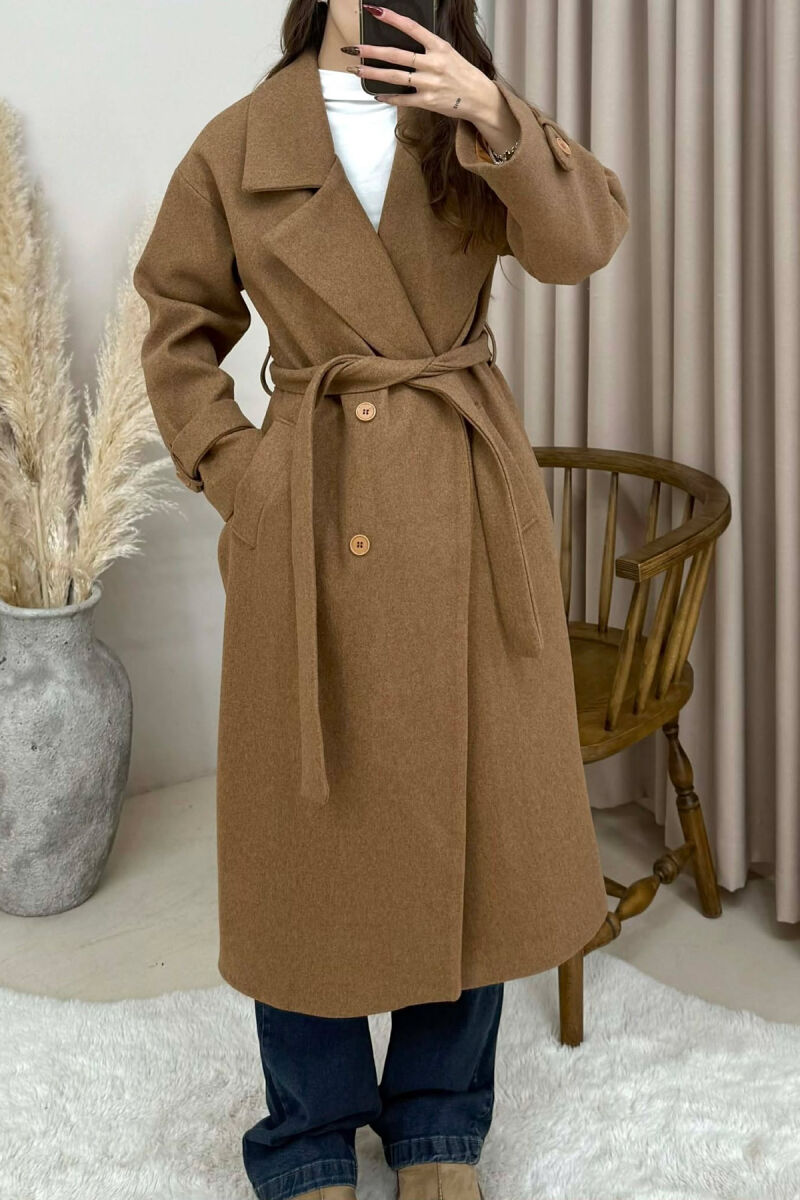 ONE COLOR BELT DETAIL LONG WOMEN TRENCH COAT BROWN/KAFE - 2