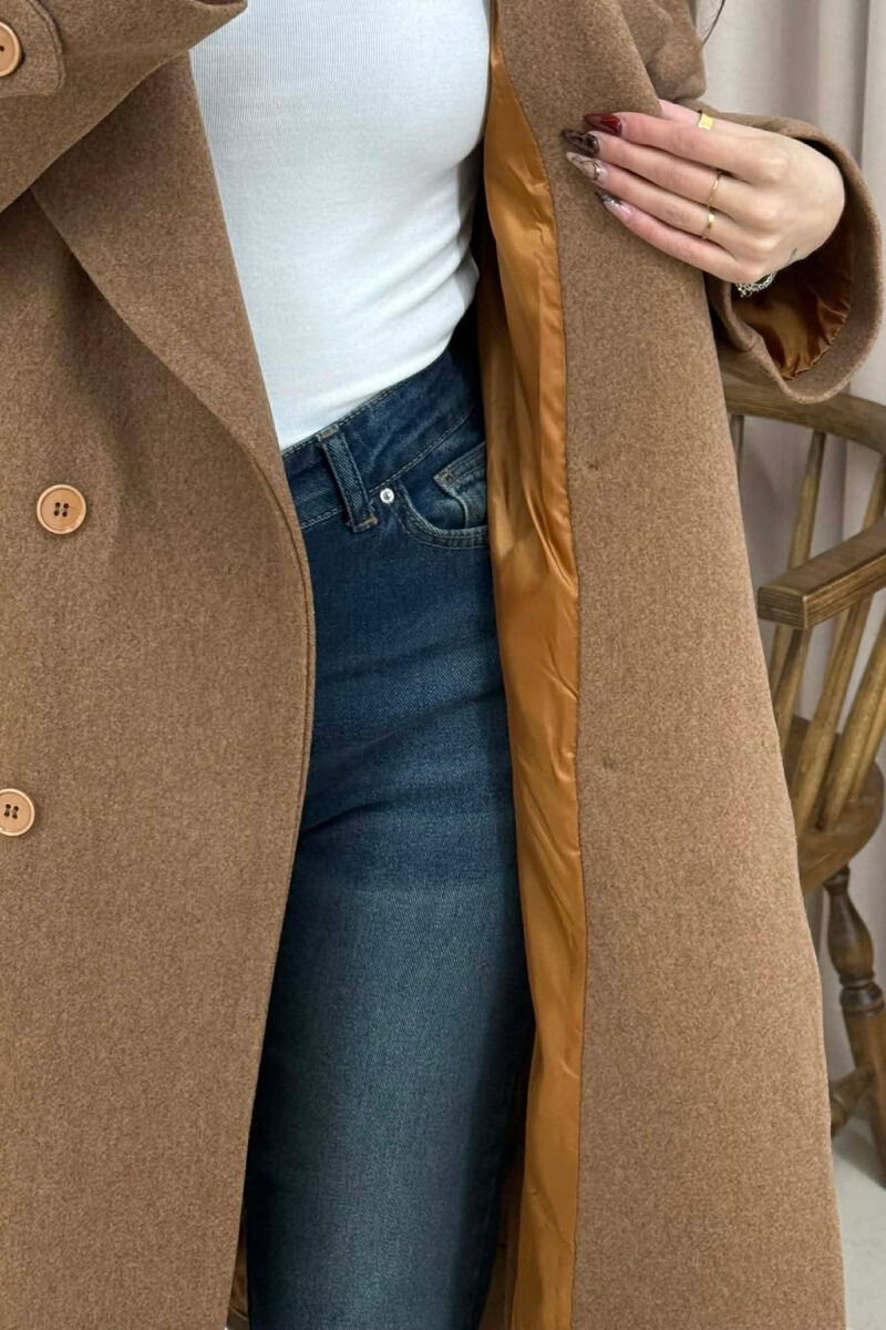 ONE COLOR BELT DETAIL LONG WOMEN TRENCH COAT BROWN/KAFE - 3
