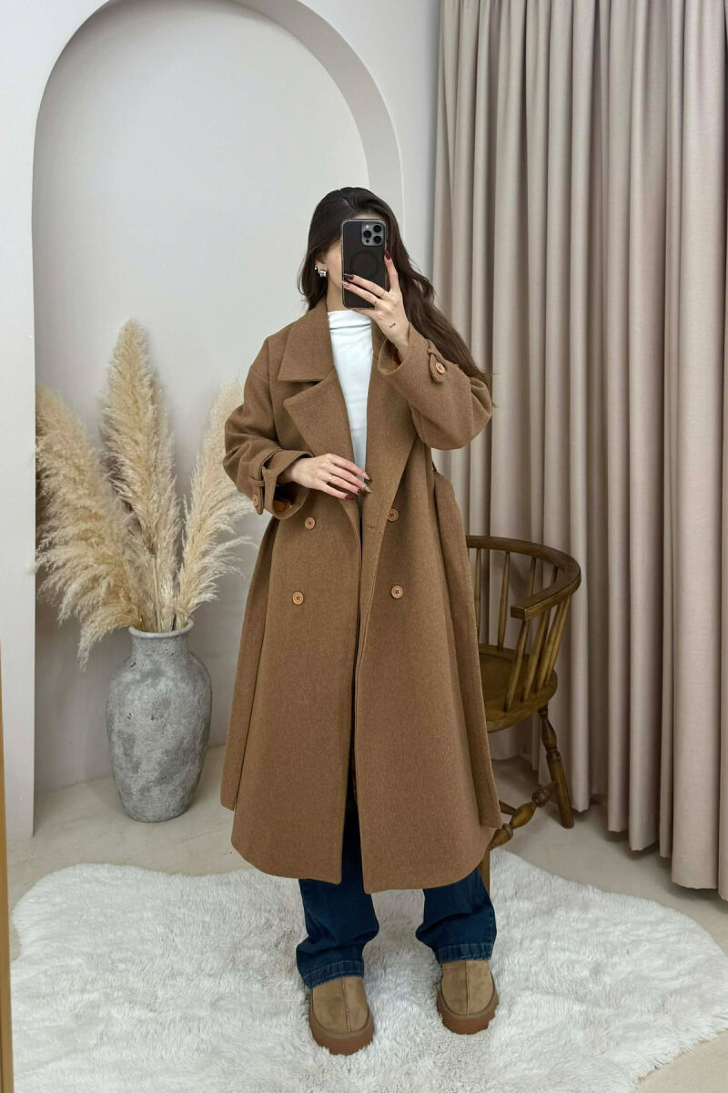 ONE COLOR BELT DETAIL LONG WOMEN TRENCH COAT BROWN/KAFE - 4